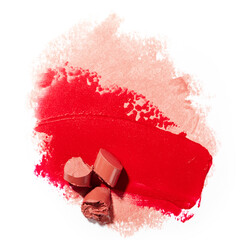 Beauty swatches. Lipsticks smear, palette of smudged lipsticks isolated on white background. Red color of cosmetic product smear sample