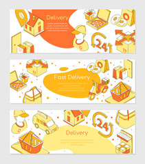 Fototapeta premium Food delivery - set of isometric abstract horizontal banners
