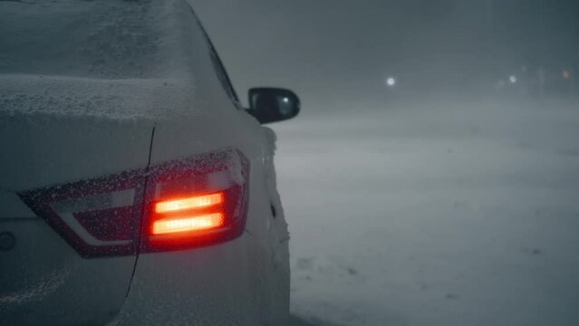 The car outside the city is waiting until the end of a strong windbreak and snow. Stop due to bad weather. A natural disaster. Emergency