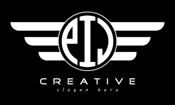PIJ three letter monogram type circle letter logo with wings vector template.