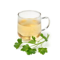  Glass with healthy fresh parsley tea isolated on white background close up