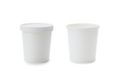Two white glasses made of paper on a white background. Glass for food or drinks with a lid and...