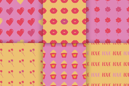 Seamless pattern for Valentine's Day with cute hand drawn elements. Flat vector illustration for paper, textile, fabric, prints, wrapping, greeting cards, banners