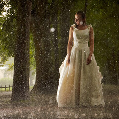 happy bride in a white wedding dress in the rain on an alley under big green trees walking peaying...