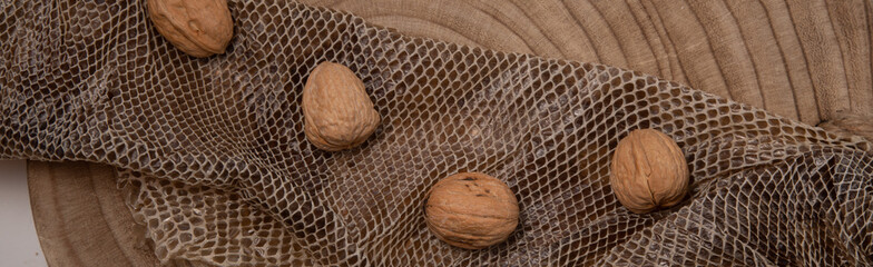 Walnuts isolated on wooden background and snake skin. High quality photo
