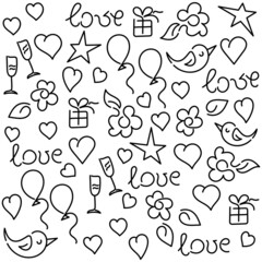Love doodle background. Words Love, hearts and other. Black and white. Hand drawing Vector