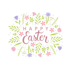 Hand drawn happy Easter lettering text with flowers. Template for greeting card, invitation, poster, banner and sticker.