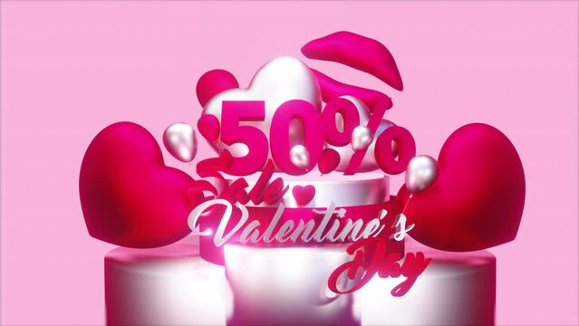 Sale Valentine&acute;s Day| Red, Silver Metallic 3d Background, Animation, 4k. Apple ProRes. Loop, hearts for Valentine's day, Valentines day.	

