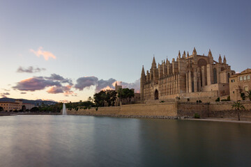 Sunset with the view of the cathedral of Mallorca (Spain)