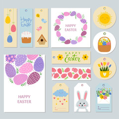 Set of Easter gift tags, labels and greeting cards with cute cartoon characters and lettering. Doodle flat style 