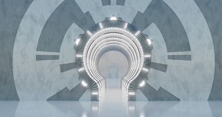 3d rendering. A row of futuristic sci-fi arches with white neon lighting in a dark marble hall.