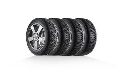  Set of new Winter or summer tire with alurim on white background isolated - obrazy, fototapety, plakaty