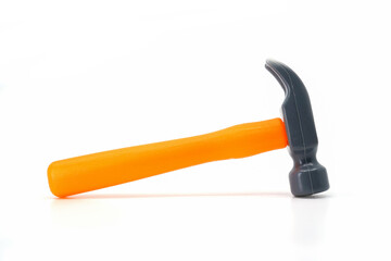 hammer plastic toy for child, Craftsman tool top view on white background.