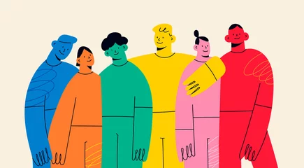 Foto op Canvas Group of abstract diverse people. Friends or coworkers are standing, hugging, posing together. Cartoon characters. Teamwork, togetherness, friendship concept. Hand drawn colorful Vector illustration © Dariia