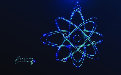 Starry Atom icon isolated on blue background. Neon light in the universe. Atomic neutron, Nuclear Atom tuquoise color. Holographic style vector.