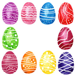 frame of colorful watercolor easter eggs on white background. Watercolor illustration. Spring holiday card. Perfect for greeting card, invitation, postcard, print.