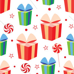 Happy Birthday. Seamless pattern with gifts in boxes with bows. Vector image for the celebration, holiday, birthday, wedding, for children.