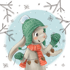 Obraz na płótnie Canvas Ilustracja świąteczny zimowy zajączek