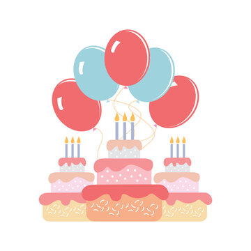 Birthday cake with balloons. Vector image for the holiday, birthday, celebration.