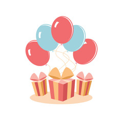 Holiday gifts with colorful balloons. Vector image for the holiday, birthday, anniversary, wedding, celebration.