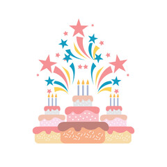 Birthday cake with fireworks. Vector image for the holiday, birthday, celebration.