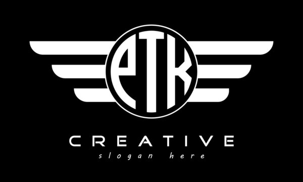 PTK three letter monogram type circle letter logo with wings vector template.
