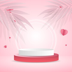 Podium with tropical plant with heart in Valentine's Day on pink background , Flat Modern design , illustration Vector EPS 10