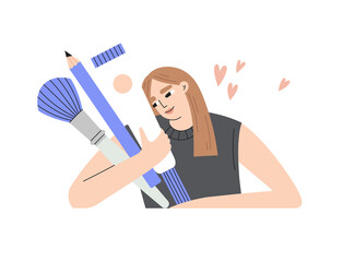 Every beauty routine. Pretty girl hugs make up brush for powder, eyeliner pencil, concealer. Korean cosmetics. Hand drawn vector illustration. Cartoon style. Beauty shopping, sale and makeup concept.