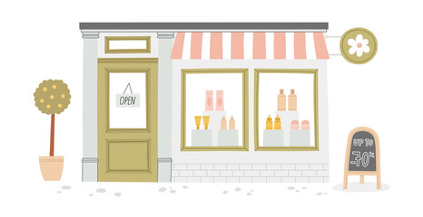 Vector illustration of cute shop with beauty products and cosmetics. Sale sign. Showcase with cream, essence, lotion, tonic. Nice city exterior with facade, tree, signboard, tablet. Beauty shopping
