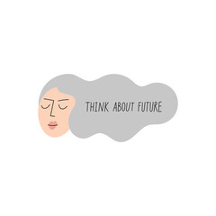 Cute vector illustration on serious theme of future thoughts. Self analysis, finances, dreams, reflection, plans. Think about future hand drawn lettering.
