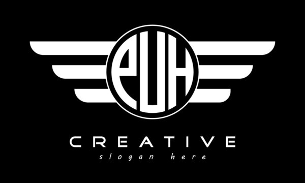 PUH three letter monogram type circle letter logo with wings vector template.
