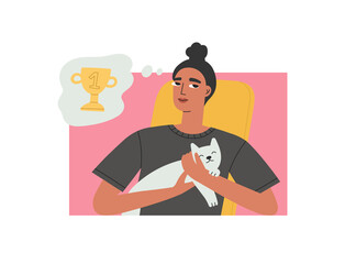 Young woman sitting at a table and dreaming of victory and success. Achievement, first place, prize, competition, approval, golden cup. Vector illustration.
Dreams, expectations, plans, future concept