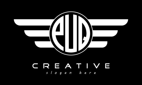 PUQ three letter monogram type circle letter logo with wings vector template.