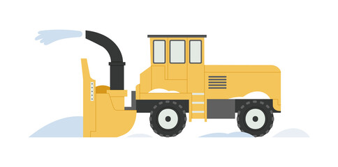 Snowblower. Snowplow. Snow removal from the streets in winter. Specialized equipment. Cleaning and transportation, street cleaning. Vector illustration isolated on white background.
