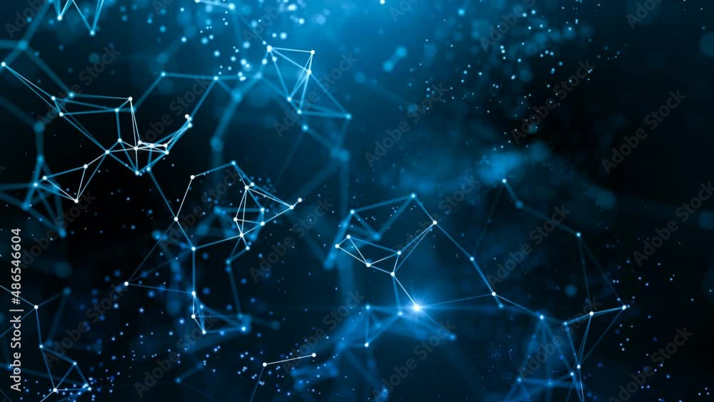 Poster blue abstract network and connections concept. plexus connected lines, nodes, particles and flickeri