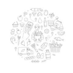 Mobile app courier delivering online grocery shop order seamless pattern.