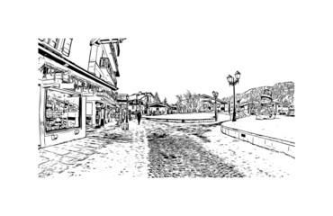 Building view with landmark of Megeve is the 
commune in France. Hand drawn sketch illustration in vector.