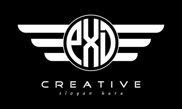 PXD three letter monogram type circle letter logo with wings vector template.
