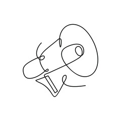 One continuous line of public horn speakers with a megaphone. In the aesthetic of continuous lines, a loudspeaker is used. Vector concept of a sale, hiring, or event announcement symbol.