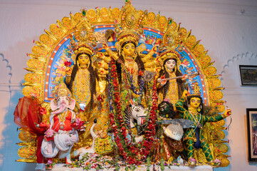 Kolkata, West Bengal, India - 6th October 2019 : Beautiful traditionally deocorated Goddess Durga...
