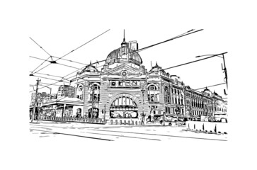 Fototapeta premium Building view with landmark of Melbourne is the city in Australia. Hand drawn sketch illustration in vector.
