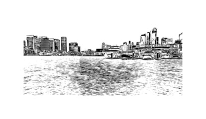 Building view with landmark of Melbourne is the 
city in Australia. Hand drawn sketch illustration in vector.