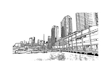 Building view with landmark of Melbourne is the 
city in Australia. Hand drawn sketch illustration in vector.