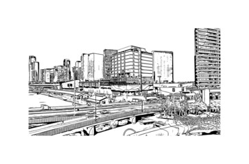 Building view with landmark of Melbourne is the 
city in Australia. Hand drawn sketch illustration in vector.