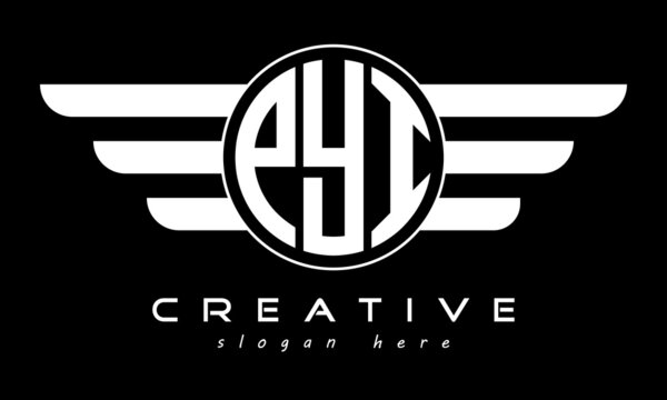 PYI three letter monogram type circle letter logo with wings vector template.