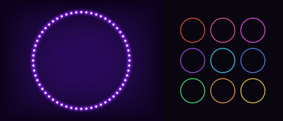 Neon circle frame with lamps. Glowing neon round border set with bulbs
