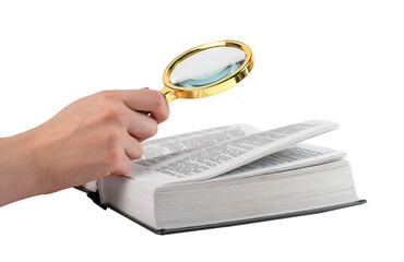 Hand holding magnifying glass for reading book isolated on white background. Relevant information search, study concept. High quality photo