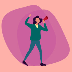 Mujer exigiendo con un megáfono en la mano con una actitud de poder 