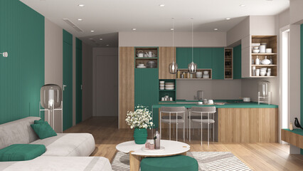 Cozy turquoise and wooden living room and kitchen in modern apartment, velvet sofa with table, kitchen with island and dining table, chairs. Carpet and appliances, interior design