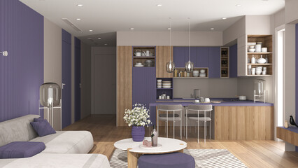 Cozy liliac and wooden living room and kitchen in modern apartment, velvet sofa with table, kitchen with island and dining table, chairs. Carpet and appliances, interior design idea
